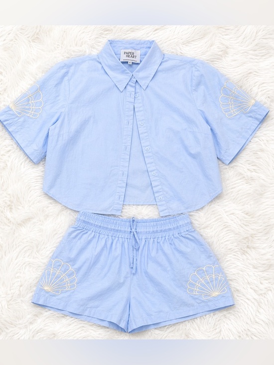 Paper Heart Tops - Paper Heart Blue Matching Set Embroidered Shell Top Shorts Vacation Coastal Set